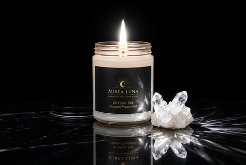 Celestial Fire candle burning with crystal cluster on reflective surface — Áurea Luna