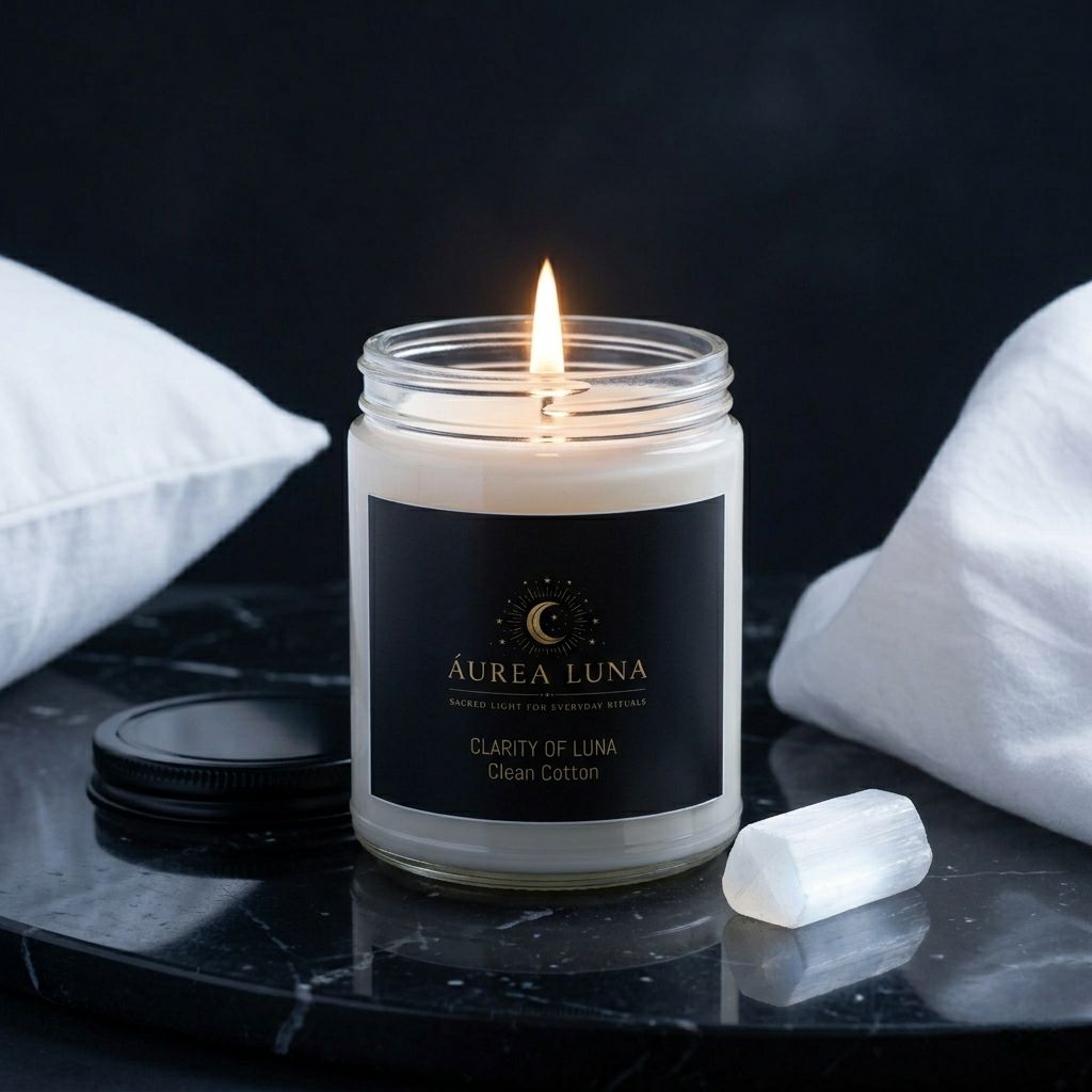 Clarity of Luna ritual soy candle with crystal on dark slate — Áurea Luna