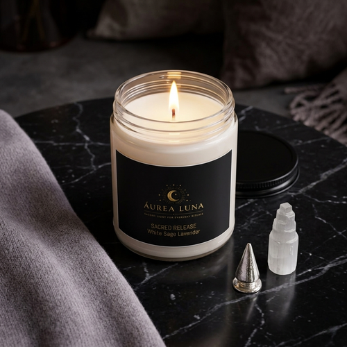 Sacred Release candle burning in a dark ritual setting — Áurea Luna
