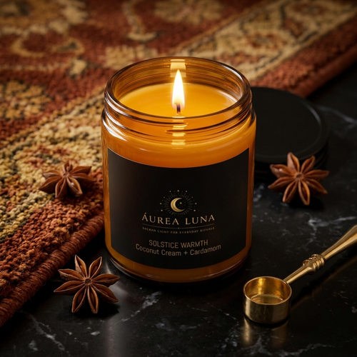 Solstice Warmth candle burning with warm amber glow beside star anise — Áurea Luna