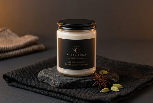 Solstice Warmth ritual soy candle with star anise and cardamom on dark stone — Áurea Luna