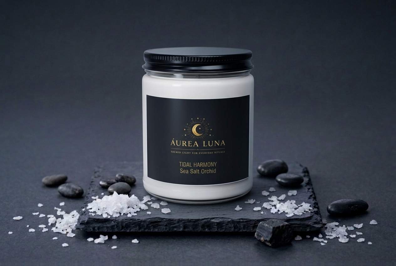 Tidal Harmony ritual soy candle with sea botanicals on dark slate — Áurea Luna